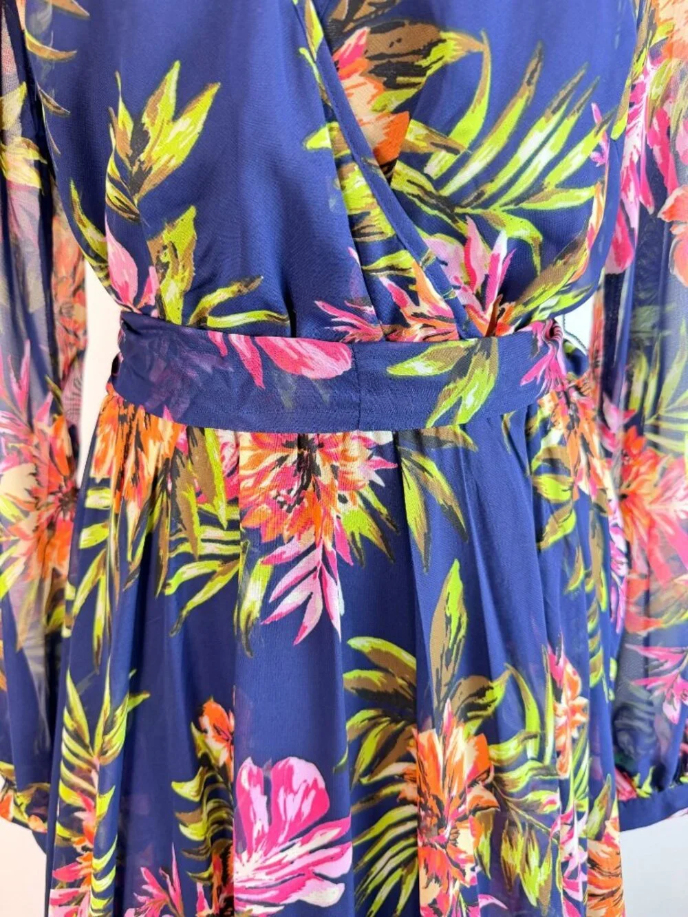 Renn Womens XL Tropical Floral Maxi Dress Blue Long Sleeve Belted NWT - Picture 9 of 16